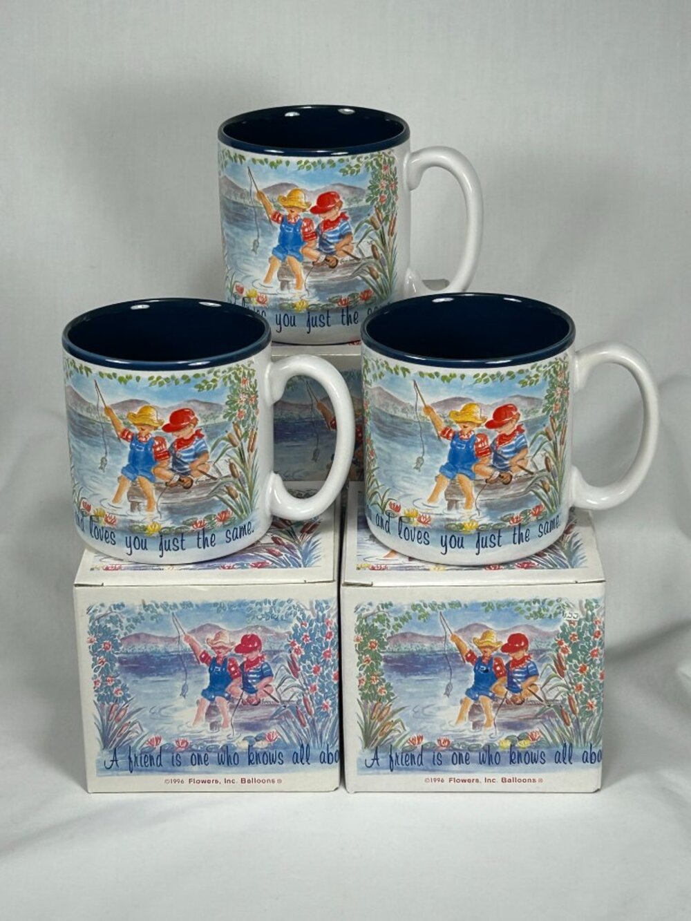 set of 3 new colorful coffee mugs. Flowers Inc. Balloon
